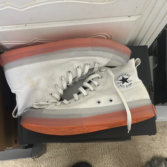 Converse White High-Tops with Orange Soles - Picture 1 of 2